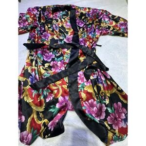 Vintage Sleep Solution Satin Robe Womens L Black Floral Short Belted Lace Trim